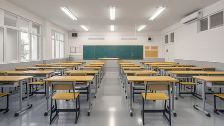 Interior of an empty classroom in a school. 3d renderingの素材