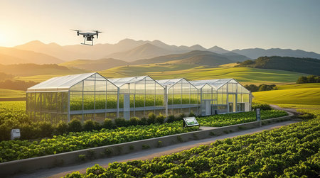 Drone flying over a greenhouse with green plants in the foreground.の素材