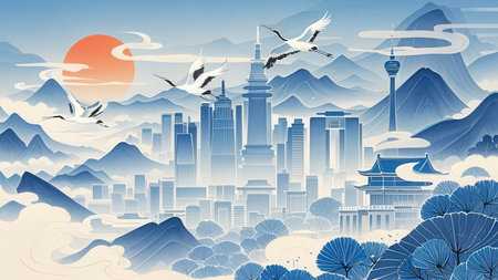 Hangzhou city landscape, China, Asia, vector illustration.の素材