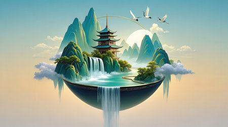 Waterfall in the form of a globe with a pagoda in the backgroundの素材