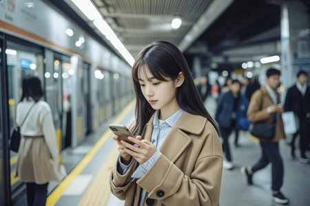Woman use of mobile phone in the train station, asian beautyの素材