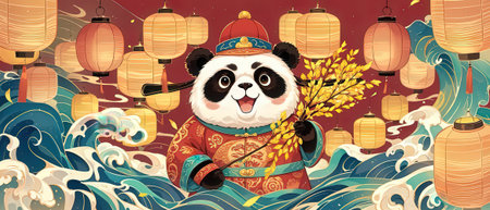 Happy Chinese New Year. Cute cartoon panda in traditional costume with bamboo bouquet.の素材