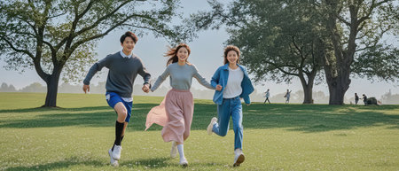 panoramic shot of happy friends running on green grass in parkの素材