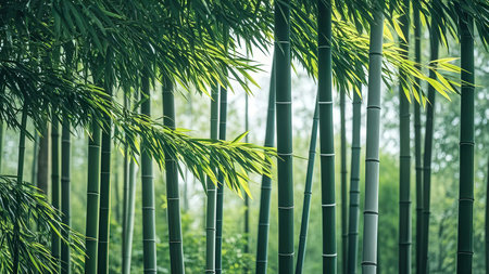 Bamboo forest with green bamboo leaves in the morning. Natural backgroundの素材