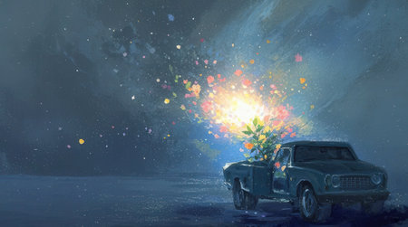 Retro car with flowers in the sky. 3d illustration.の素材