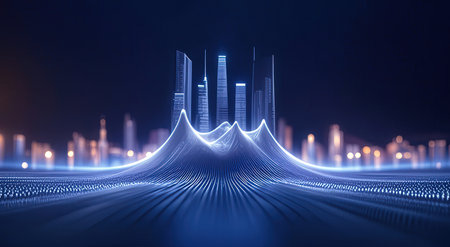 3d rendering of abstract wireframe cityscape on blue background. Technology conceptの素材
