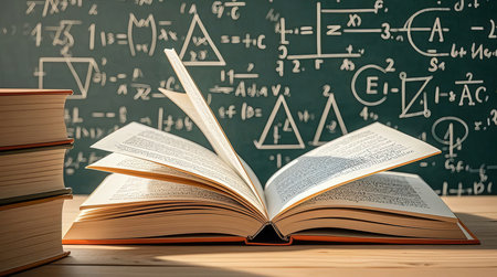 Open book on a wooden table against the background of the blackboard with formulasの素材