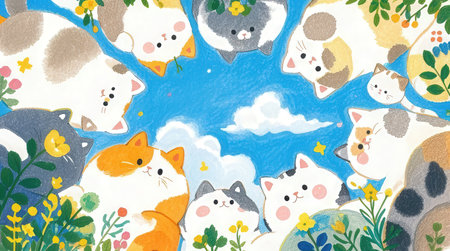 Illustration of cute cat in the blue sky with clouds and flowersの素材