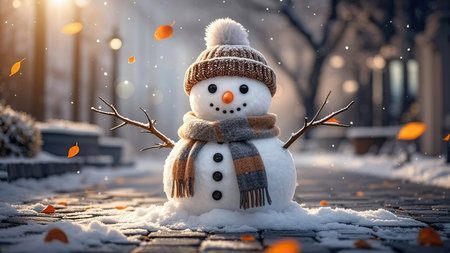 Snowman on the street in the city. Christmas and New Year concept.の素材