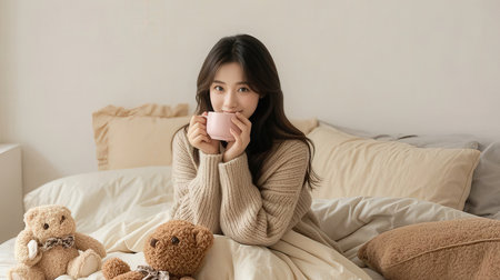 Beautiful young asian woman with cup of coffee on bed at homeの素材