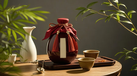Cup of tea and teapot on wooden table with bambooの素材