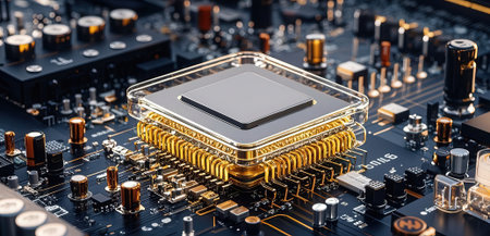 Close-up of electronic circuit board with processor. 3d renderingの素材