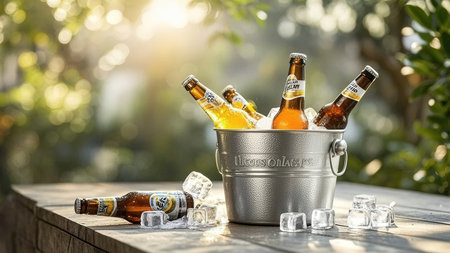 Bottles of beer in an ice bucket on a wooden table in the gardenの素材