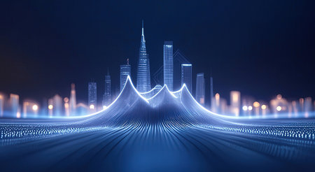 abstract 3d illustration of cityscape with glowing lines and lightsの素材