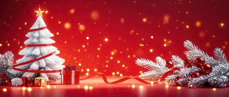 Christmas background with Christmas tree and gift boxes on red background. 3D rendering.の素材