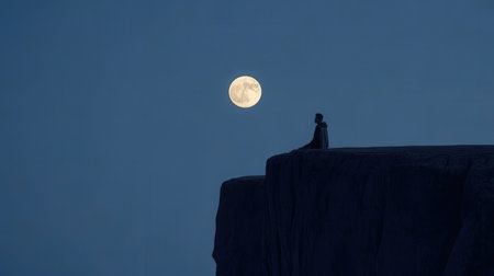 Silhouette of a man sitting on a cliff and looking at the moonの素材
