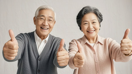 Happy asian senior couple showing thumbs up on white background. Asian peopleの素材
