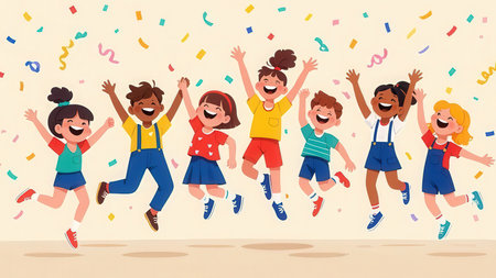Happy kids jumping in the air with confetti. Vector illustration.の素材