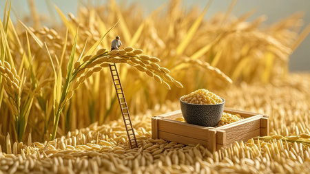 Rice seed in wooden box on rice field background, Agriculture conceptの素材