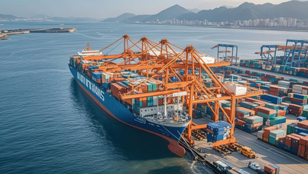 Container Cargo freight ship with working crane bridge in shipyard for Logistic Import Export backgroundの素材