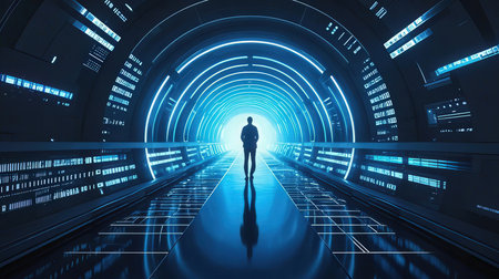 3d rendering of businessman walking in futuristic tunnel with binary code.の素材