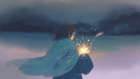 Girl with sparkler in her hands. 3D illustration. Fantasy.の素材