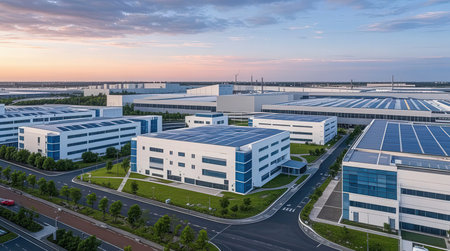 Aerial view of modern office building with solar panels on roof.の素材