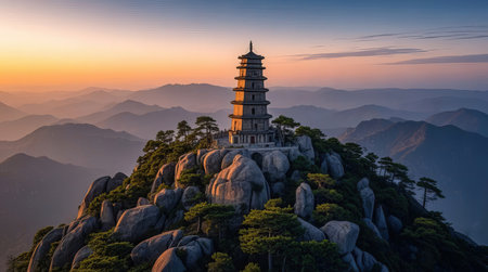 Sunrise view of the pagoda at Mount Huangshan, Chinaの素材