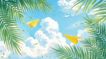 Summer background with palm leaves and paper airplane. Vector illustration EPS10の素材
