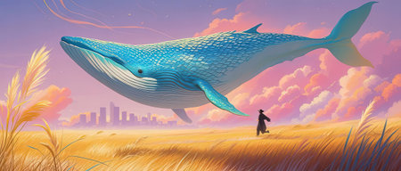 Blue whale in the field with a man in the background. Vector illustration.の素材