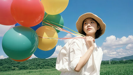 Young asian woman with colorful balloons on the meadow in summerの素材