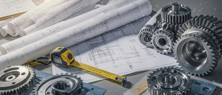 Engineering tools and rolls of drawings on the table, 3d renderingの素材