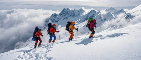 Hikers in Caucasus mountains, Georgia, region Gudauri.の素材