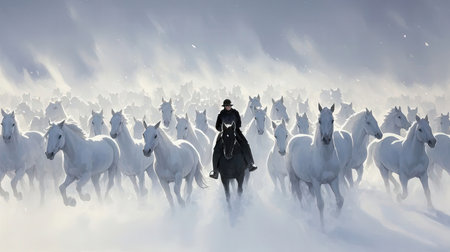 Man riding a white horse in the snow. 3D illustration.の素材