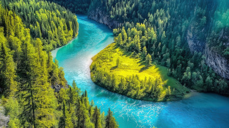 Aerial view of the turquoise emerald waters of the Katun river in the Altai Republic.の素材
