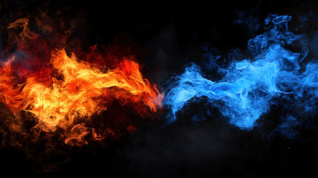 Red and blue flames of fire on a black isolated background. Background from the smoke of vapeの素材