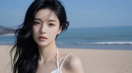 Portrait of beautiful asian woman on the beach with sea backgroundの素材