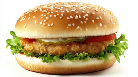 hamburger with chicken and lettuce isolated on a white background.の素材