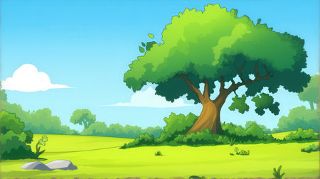 Summer landscape with a big tree and green grass. Vector illustration.の素材