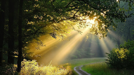 Morning in the forest with sunbeams and rays of light.の素材