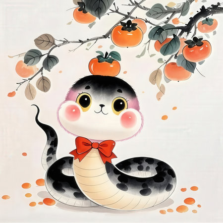 Cute kawaii kawaii snake and persimmon treeの素材