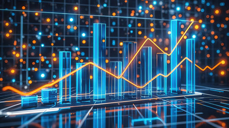 3D rendering of stock market graph on digital screen. Finance and trade concept.の素材