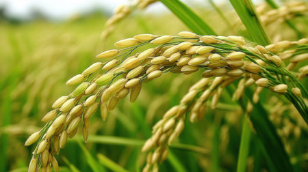 Rice paddy in rice field, closeup of rice earsの素材