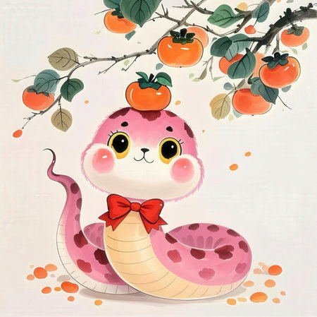 Cute kawaii snake with persimmon. Vector illustration.の素材