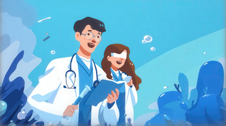 Vector illustration of a doctor with a stethoscope and a girl in a medical gown.の素材