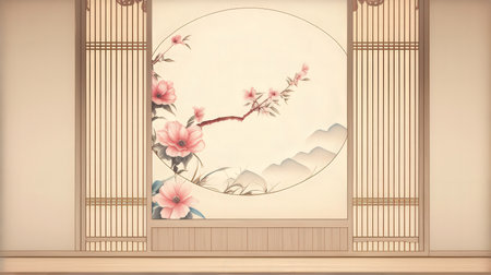 3d render of Japanese style frame with hibiscus flowersの素材