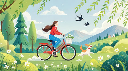 Girl riding a bicycle in the park with dog. Vector illustration.の素材