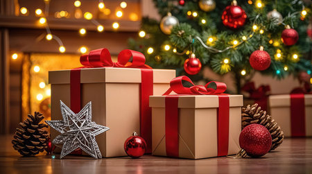 Gift boxes with christmas decoration on the background of the Christmas treeの素材