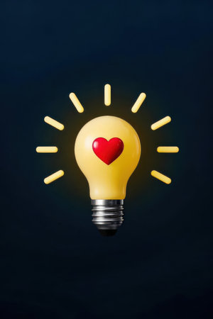 Light bulb with heart shape inside on dark background. Idea concept.の素材