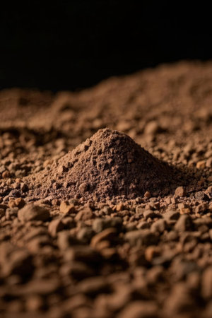 Instant coffee powder on black background. Close up of ground coffee.の素材